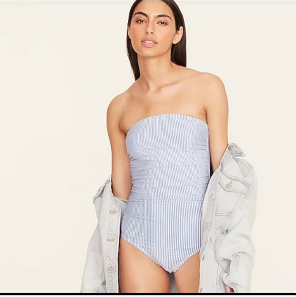J. Crew seersucker ruched strapless swimsuit